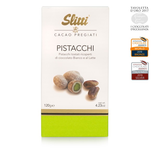 Slitti – Pistazien-Dragées mit weißer und Vollmilchschokolade